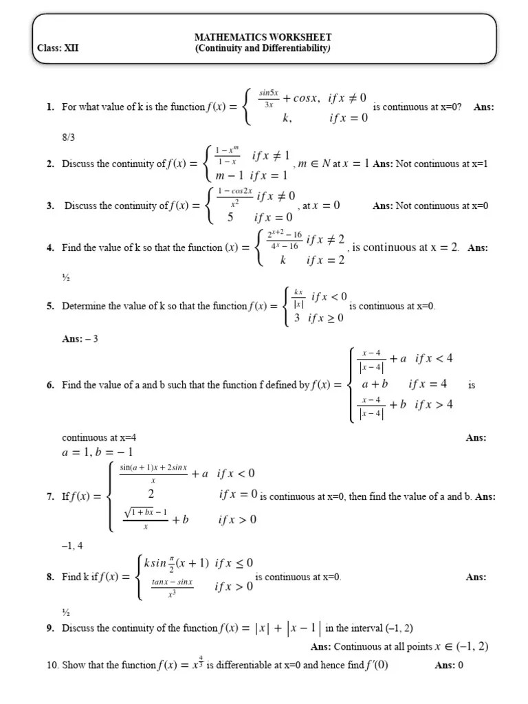 Continuity And Differentiability WS | PDF