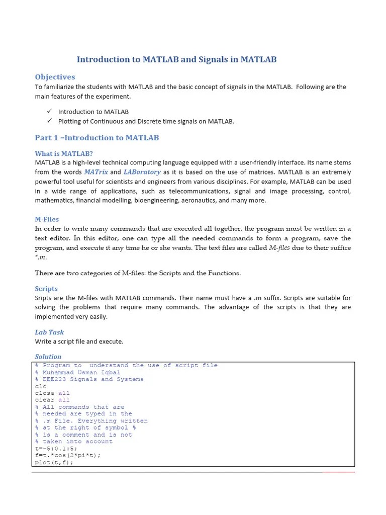Communications Lab. - Lec. 1 - Introduction To MATLAB And Signals In MATLAB | PDF | Matrix ...