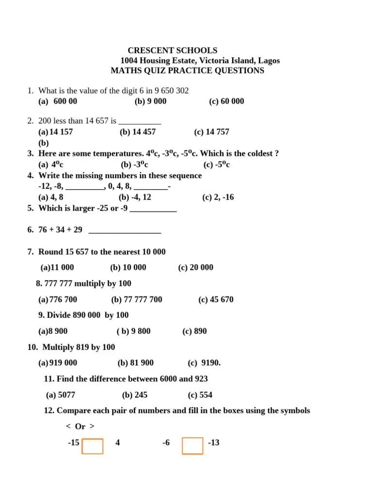 Maths Quiz Practice Questions Yr 3 Pdf Numbers Prime Number