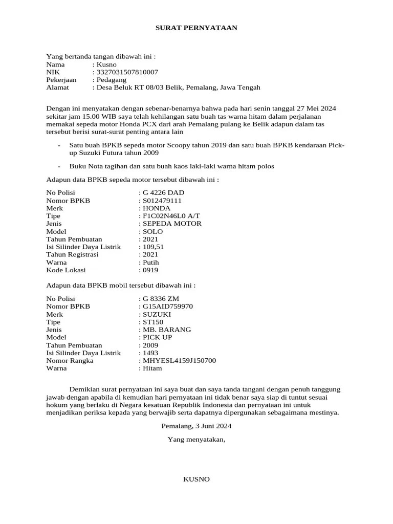 SURAT PERNYATAAN KEHILANGAN BPKB | PDF