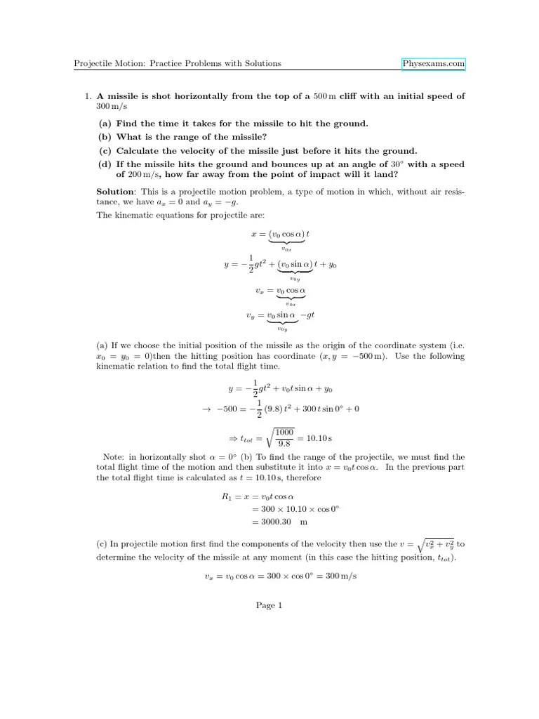 Projectile Motion Worksheet Answers PDF | PDF | Projectiles | Applied ...