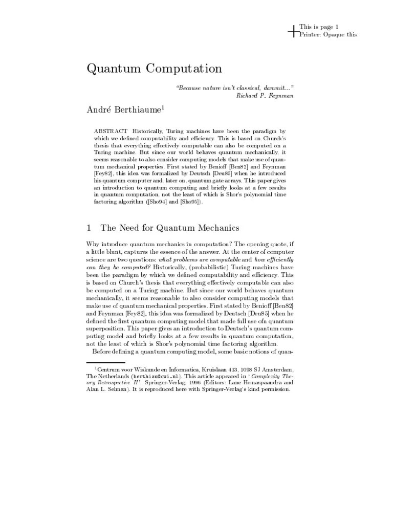 Quantum Computation: An Introduction To Deutsch's Quantum Computing ...