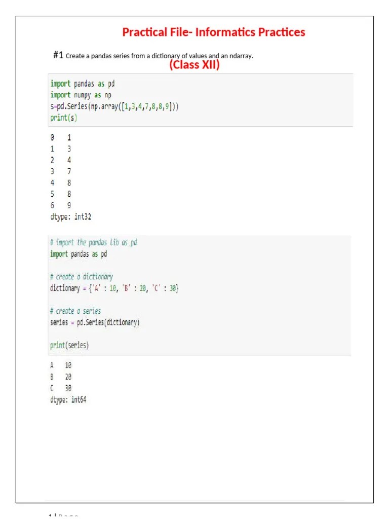 Class 12 Practical File Informatics Practices | PDF | Data | Data ...