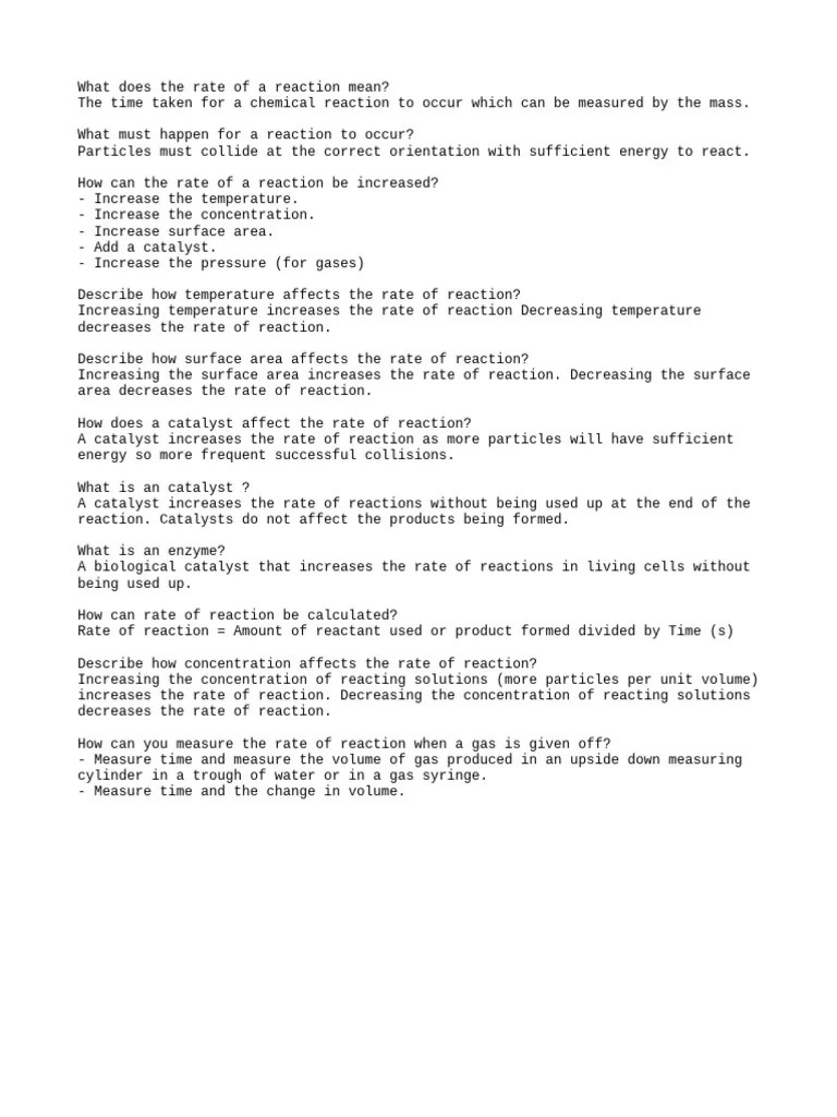Questions For Chapter Rate Of Reaction (chem) | PDF