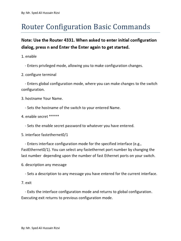 Router Configuration Basic Commands | PDF