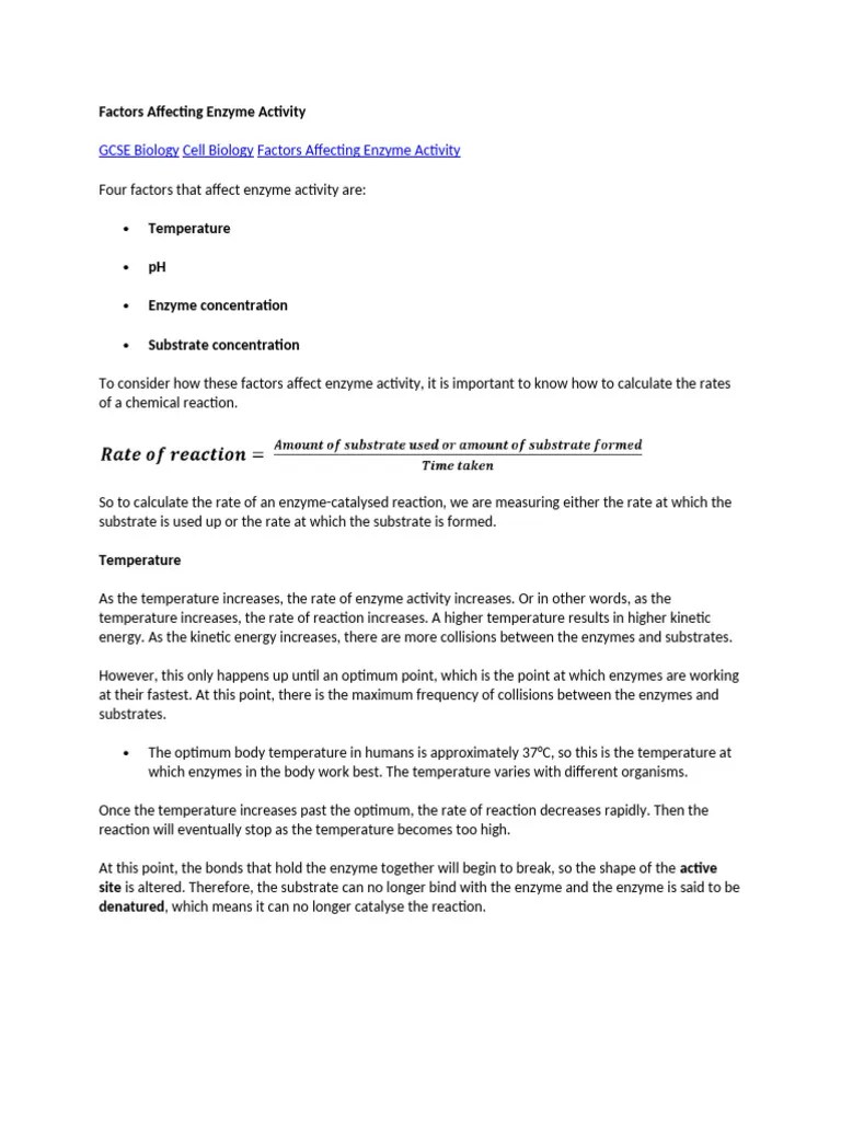 Factors Affecting Enzyme Activity | PDF | Enzyme | Enzyme Assay