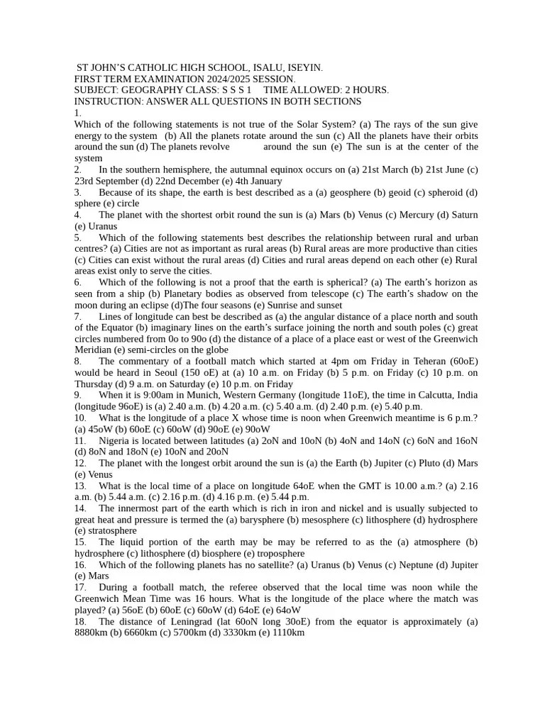 Ss1 Geography 1st Term Pdf Planets Sun