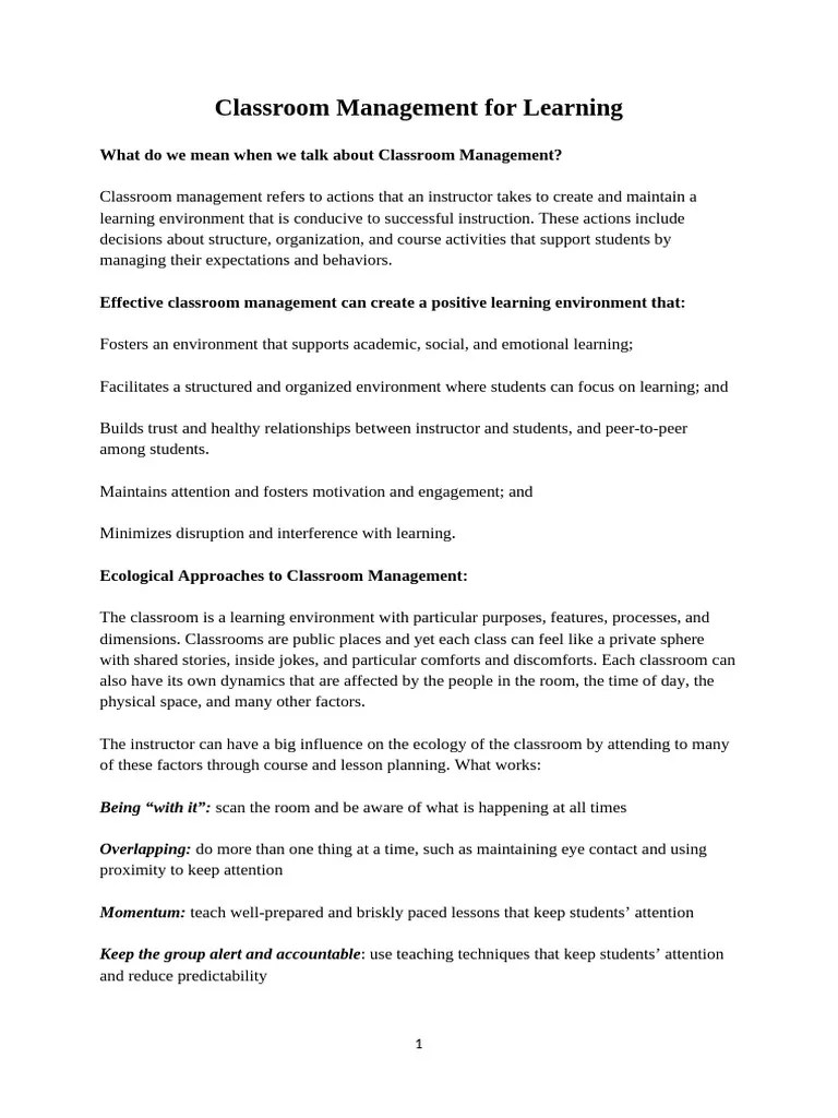 Classroom Management For Learning- | PDF | Classroom Management | Classroom