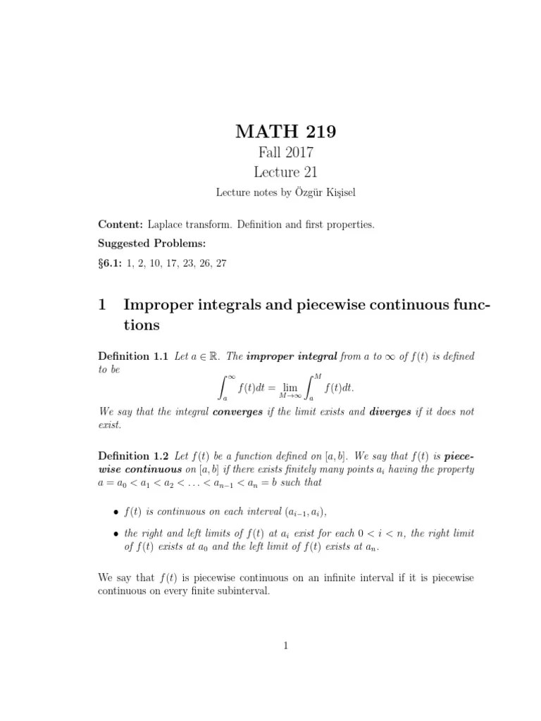 MATH219 Lecture 21 | PDF | Laplace Transform | Function (Mathematics)