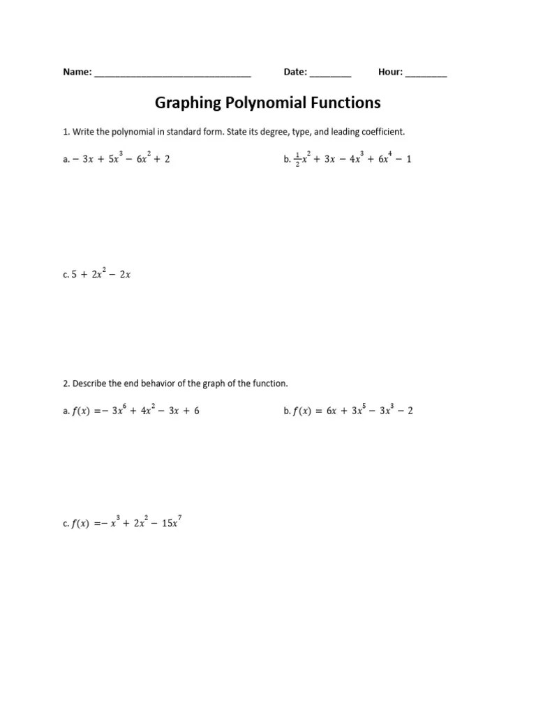 Graphing Polynomial Functions Worksheet | PDF