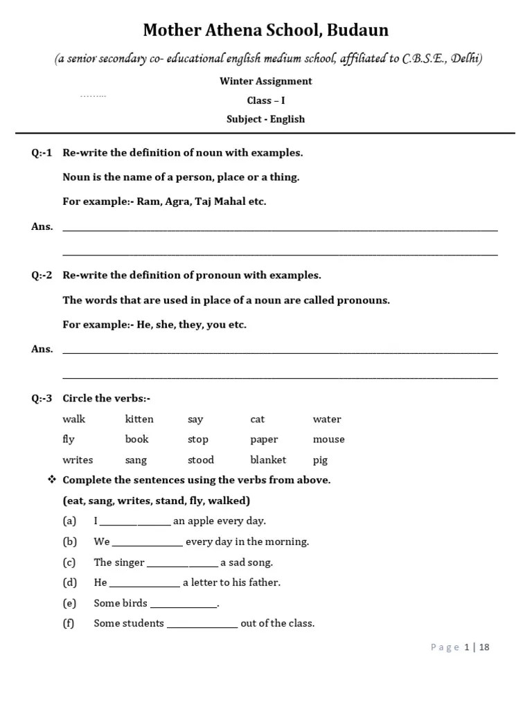 Class 1 | PDF | Subject (Grammar) | Verb