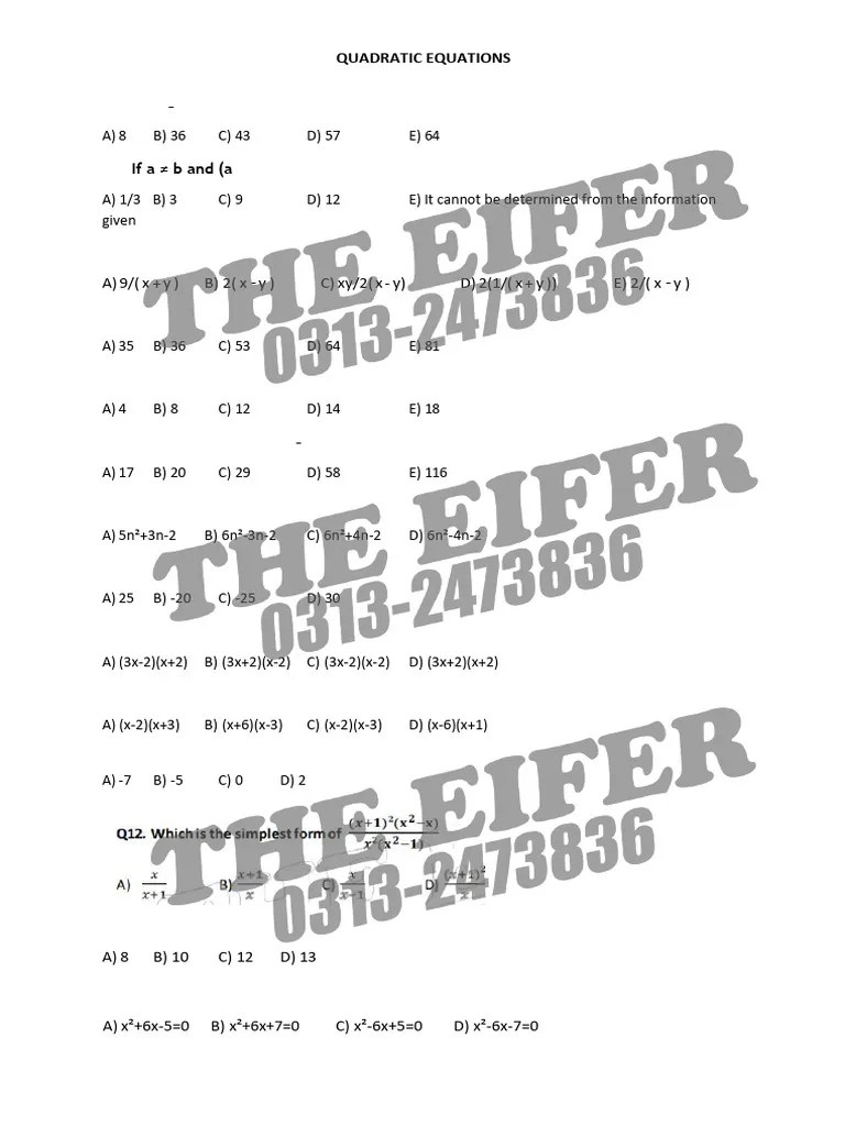 3. Quadratic Equations | PDF | Equations | Elementary Mathematics