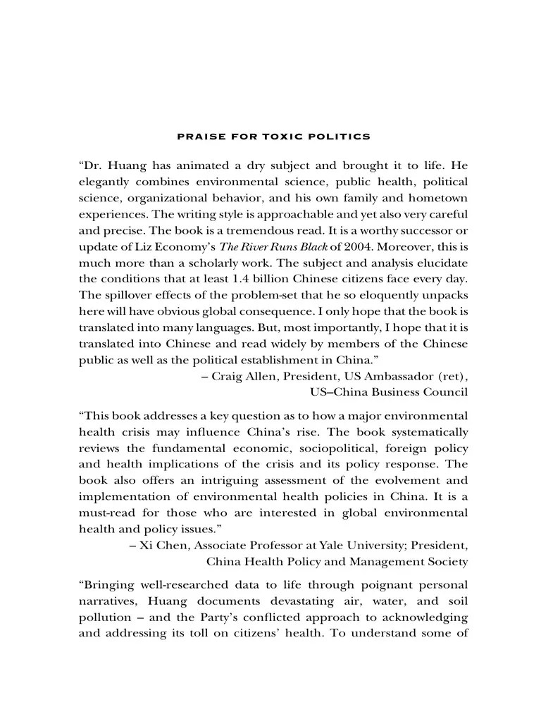 Toxic Politics Chinas Environmental Health Crisis And Its Challenge To ...