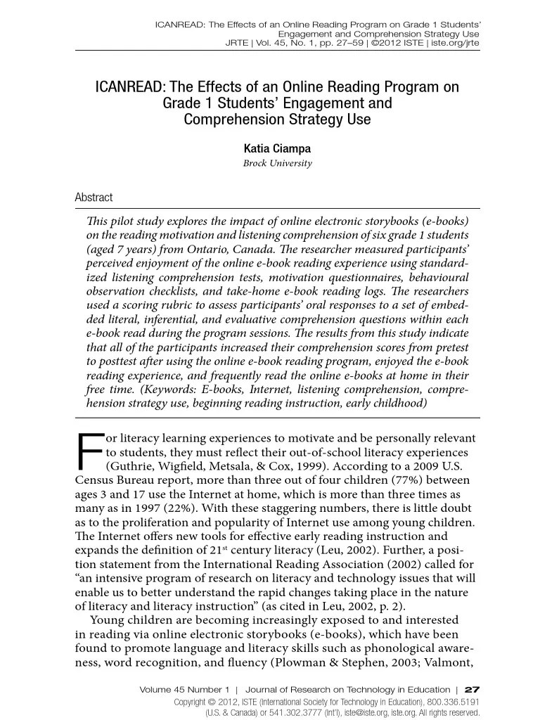 The Effects Of An Online Reading Program On Grade 1 Students’ Engagement And Comprehension ...