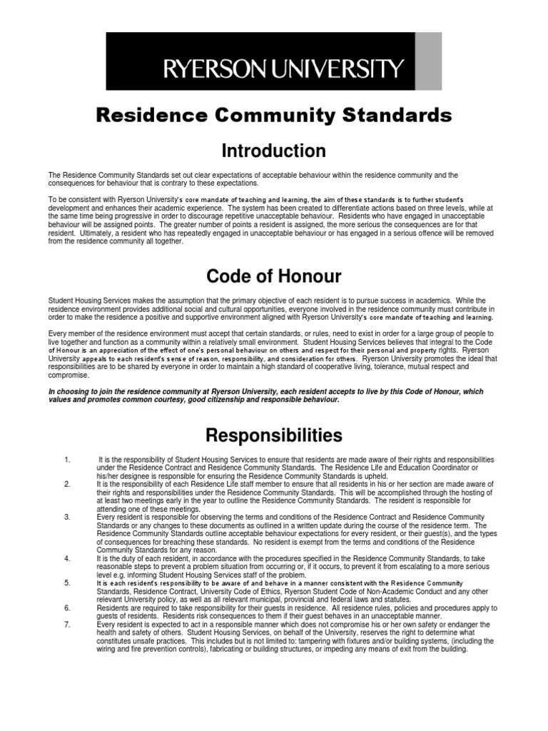 Residence Community Standards Overview Pdf Dormitory Harassment