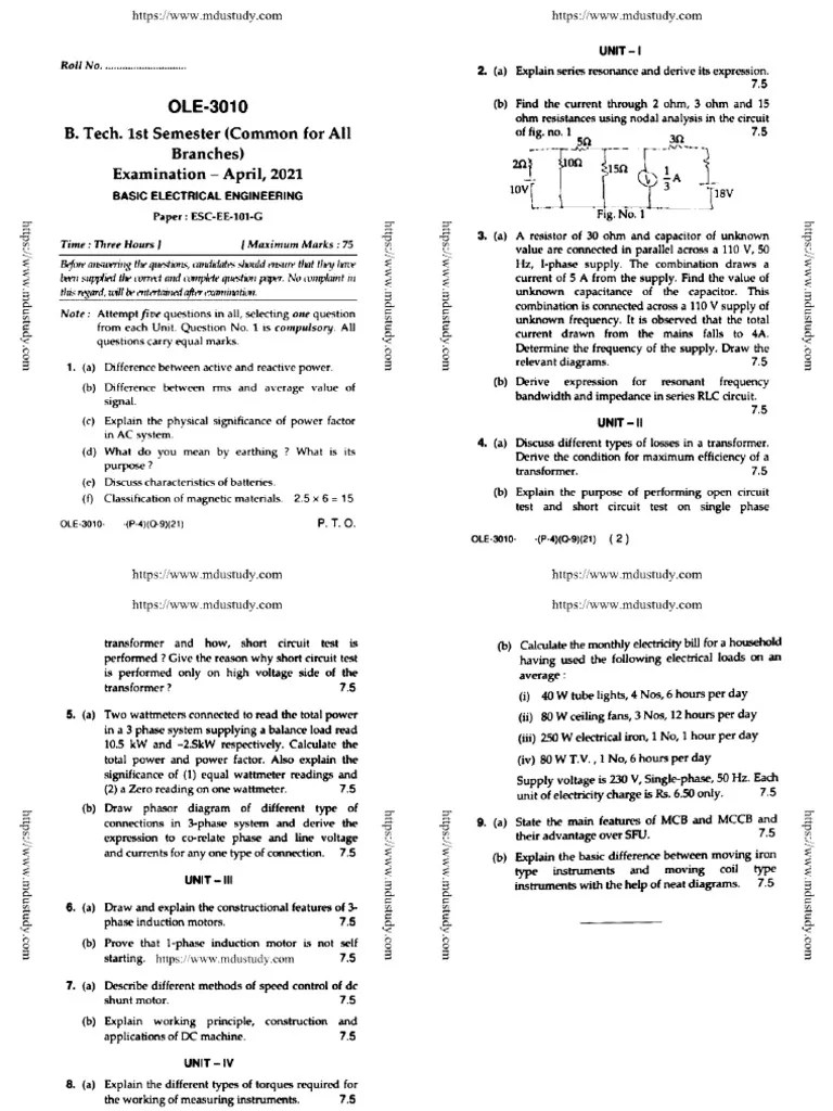 Btech 1 Sem Basic Electrical Engineering Ole 3010 Apr 2021 | PDF