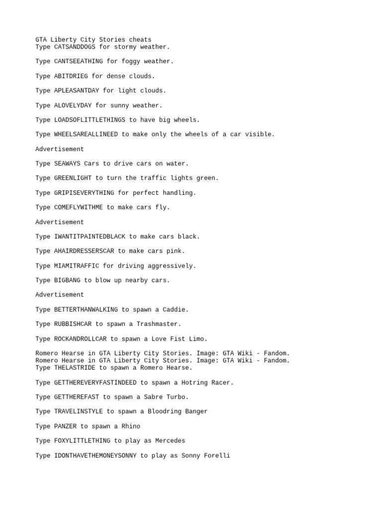 GTA Liberty City Stories Cheat Codes PDF 1
