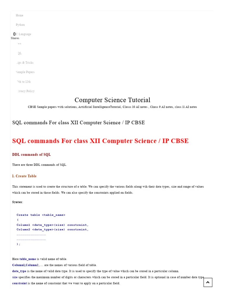 SQL Commands For Class XII Computer Science _ IP CBSE - Computer ...