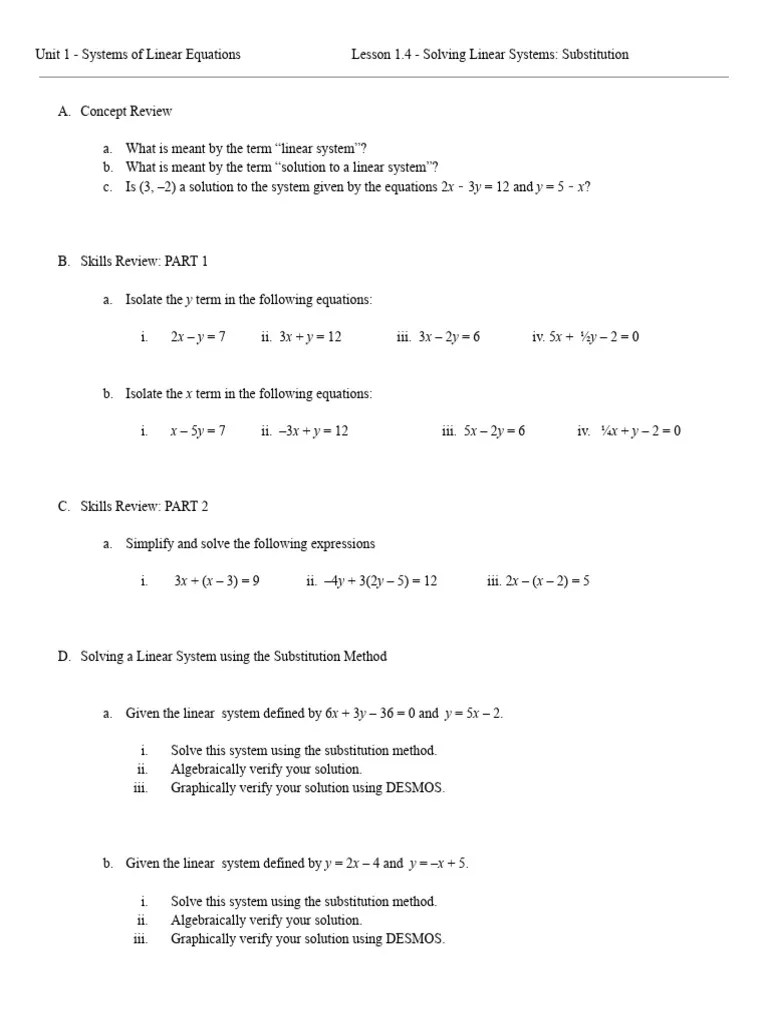 Lesson 1.4 - Solving Linear Systems - Substitution | PDF | System Of ...