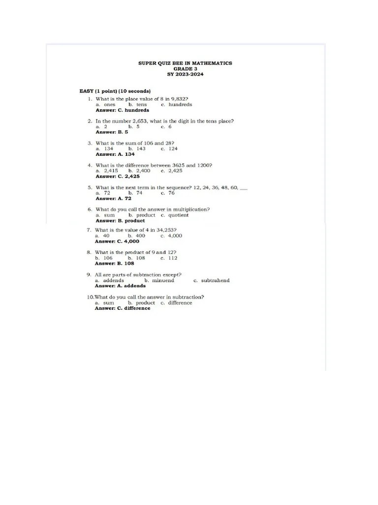 Math Quiz Bee Grade 3 | PDF