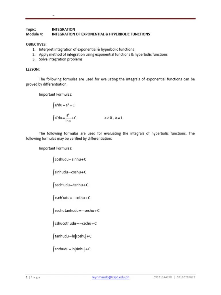 Module-4-Integration-of-Exponential-Hyperbolic-Functions-1 | PDF | Integral | Functions And Mappings