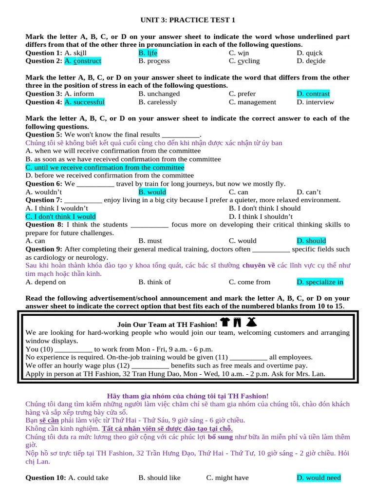 UNIT 3 - PRACTICE TEST 1 | PDF