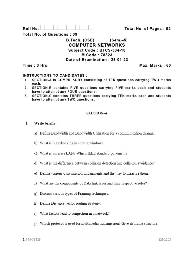 B.Tech CSE: Computer Networks Exam | PDF | Computer Network | Telecommunications Standards