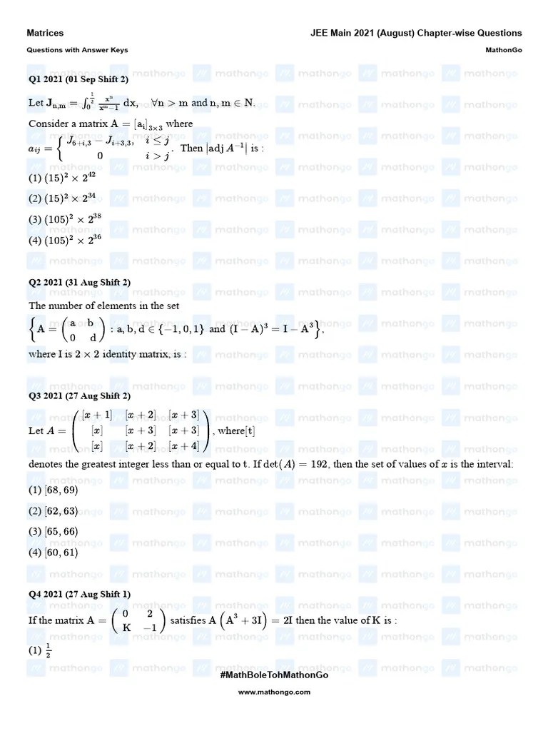 Matrices - JEE Main 2021 August Chapter-wise - MathonGo | PDF | Matrix (Mathematics ...