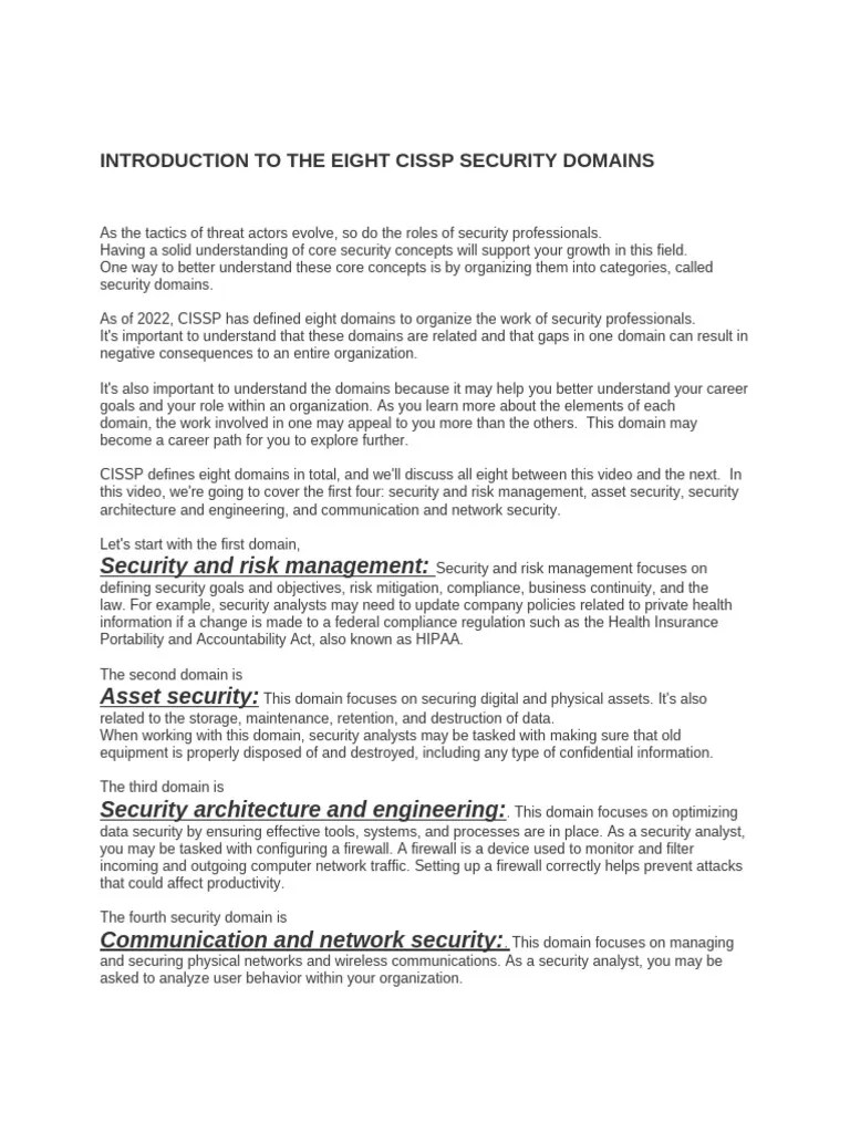 INTRODUCTION TO THE EIGHT CISSP SECURITY DOMAINS PART 1 | PDF ...