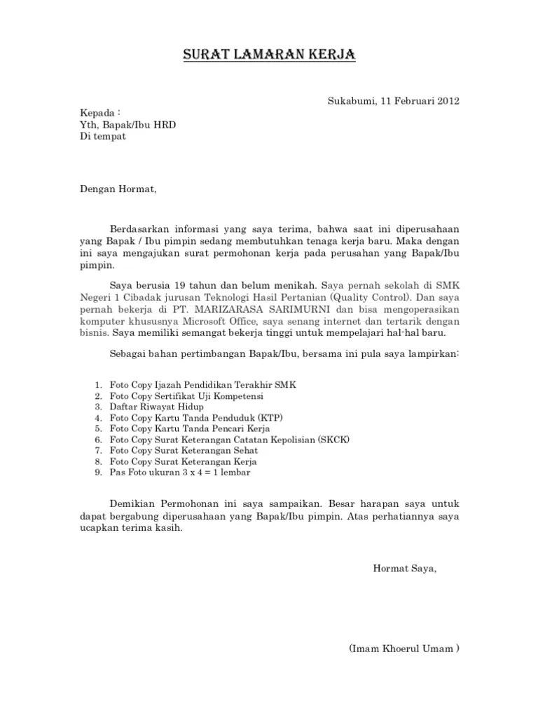 Surat Lamaran Kerja Pt Tatamulia Nusantara Indah Qc Asst Pdf 
