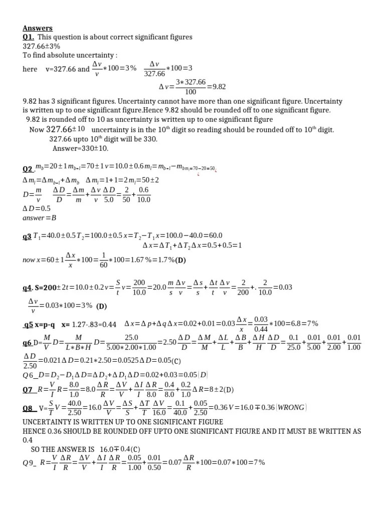 2.calculation To Uncertainty Solution | PDF | Significant Figures | Observational Error