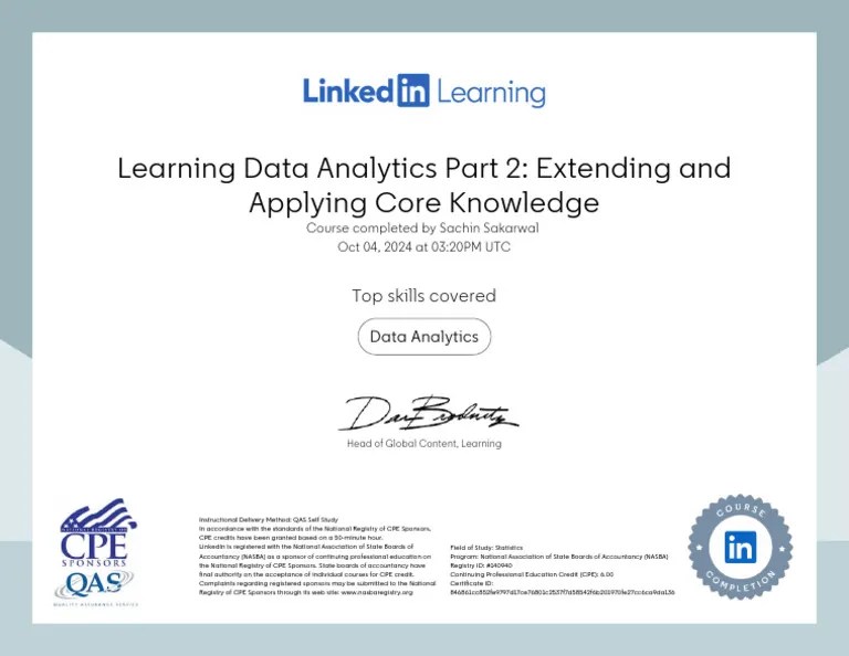 CertificateOfCompletion - Learning Data Analytics Part 2 Extending And ...