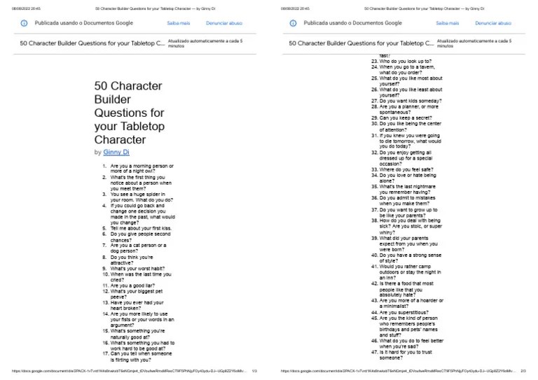 50 Character Builder Questions For Your Tabletop Character — By Ginny Di | PDF