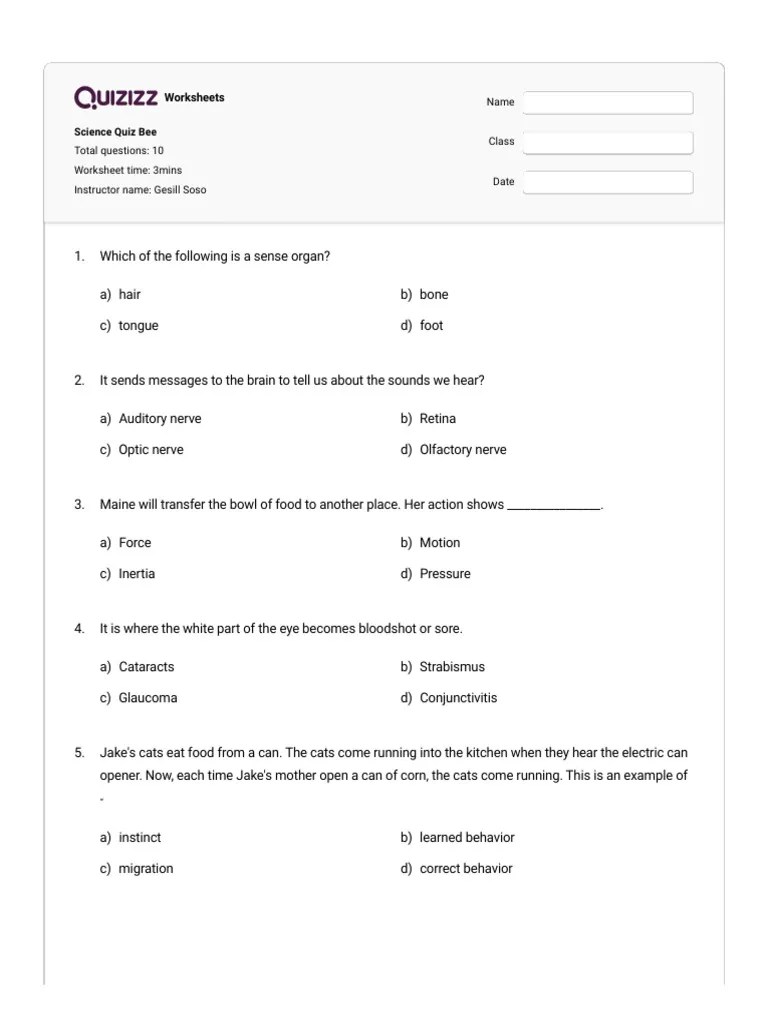 Science Quiz Bee - Quizizz | PDF | Light | Senses