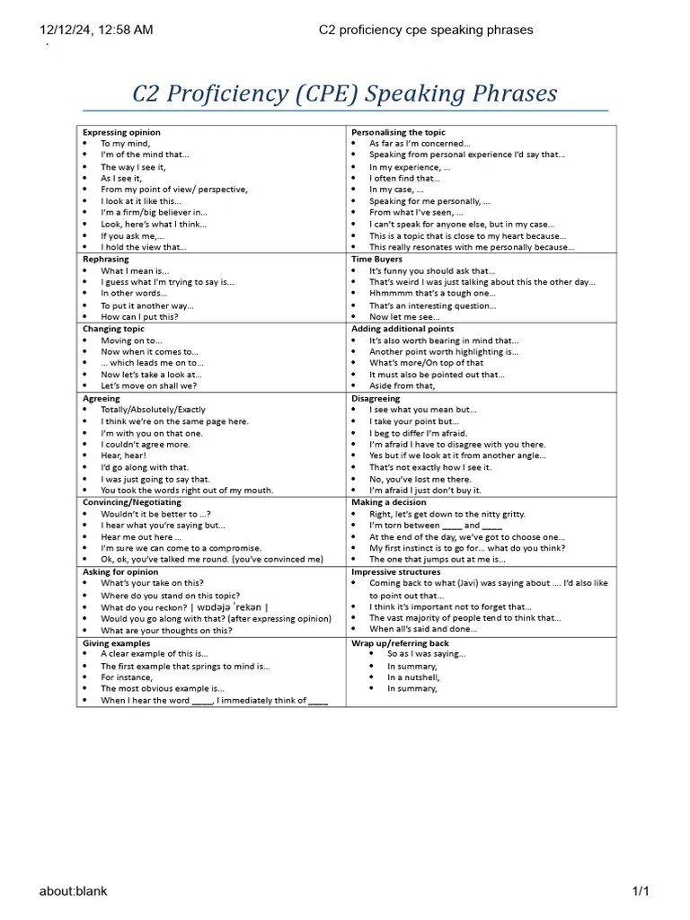 C2 Proficiency Cpe Speaking Phrases | PDF