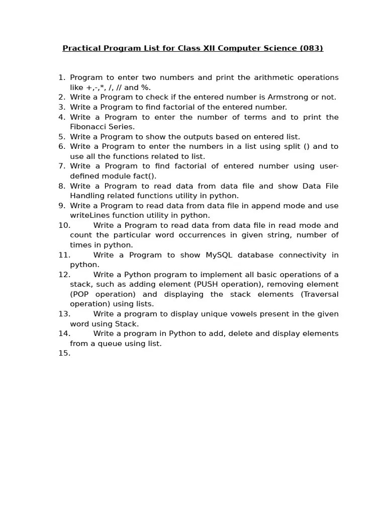 Practical Program List For Class XII Computer Science | PDF