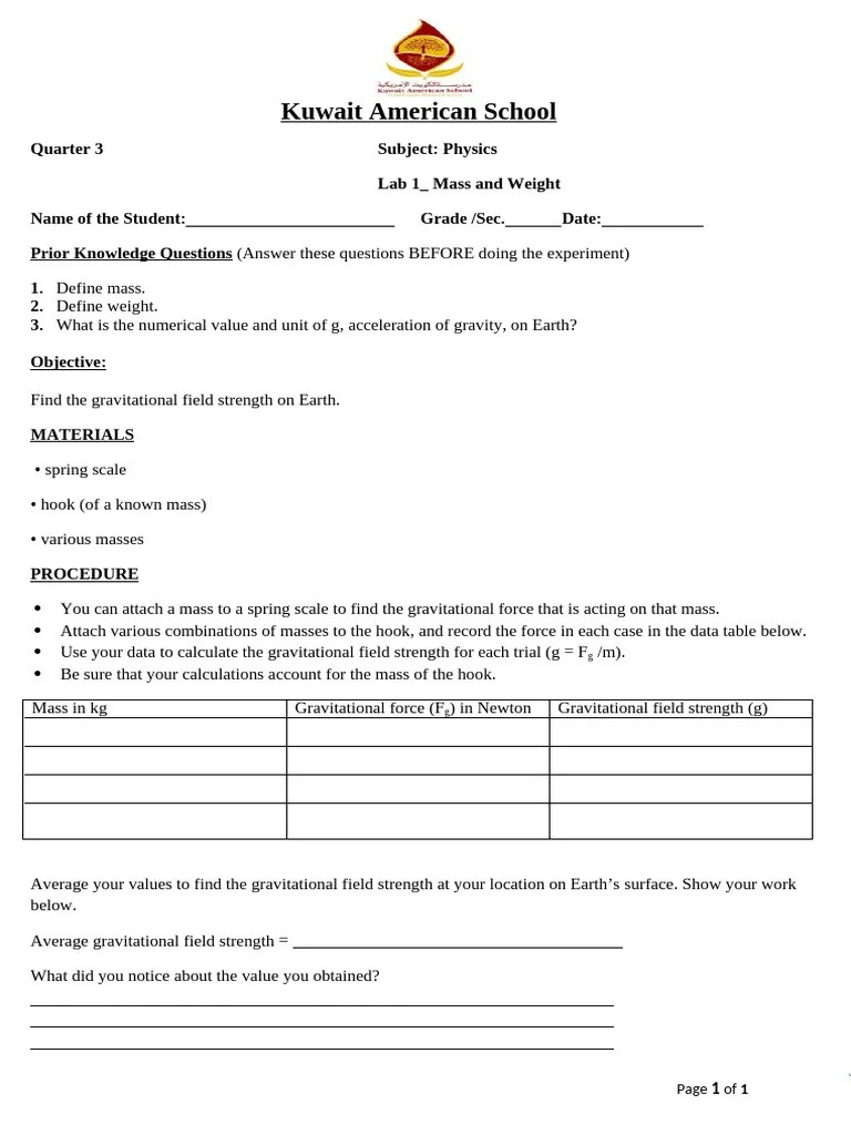 Mass Weight Lab | PDF