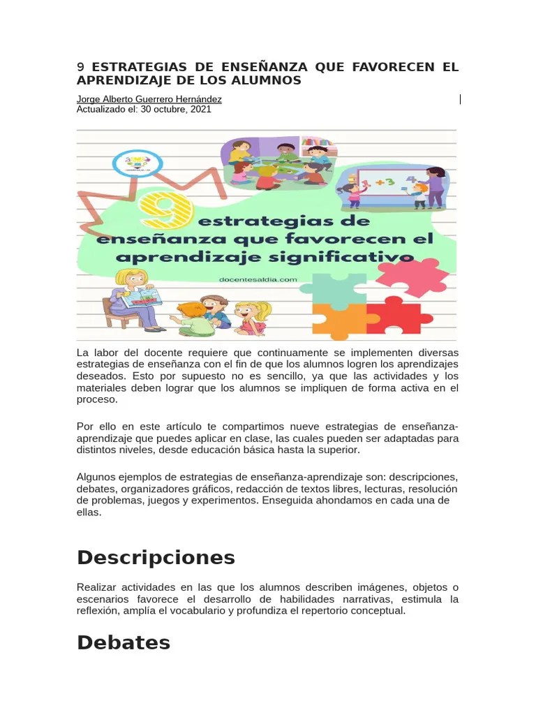 9 ESTRATEGIAS DE ENSEÑANZA QUE FAVORECEN EL APRENDIZAJE DE LOS ALUMNOS | PDF | Enseñando ...