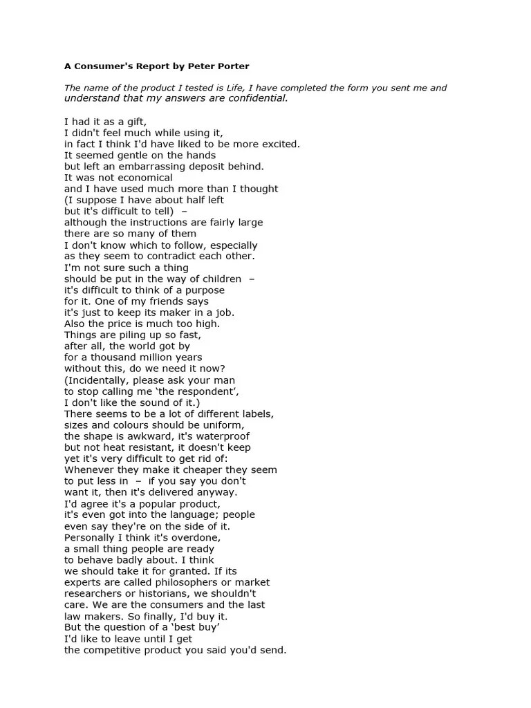 A Consumers Report Peter Porter Pdf