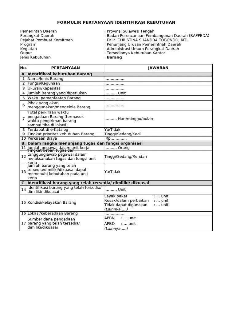 Formulir Identifikasi Kebutuhan Bappeda Pdf