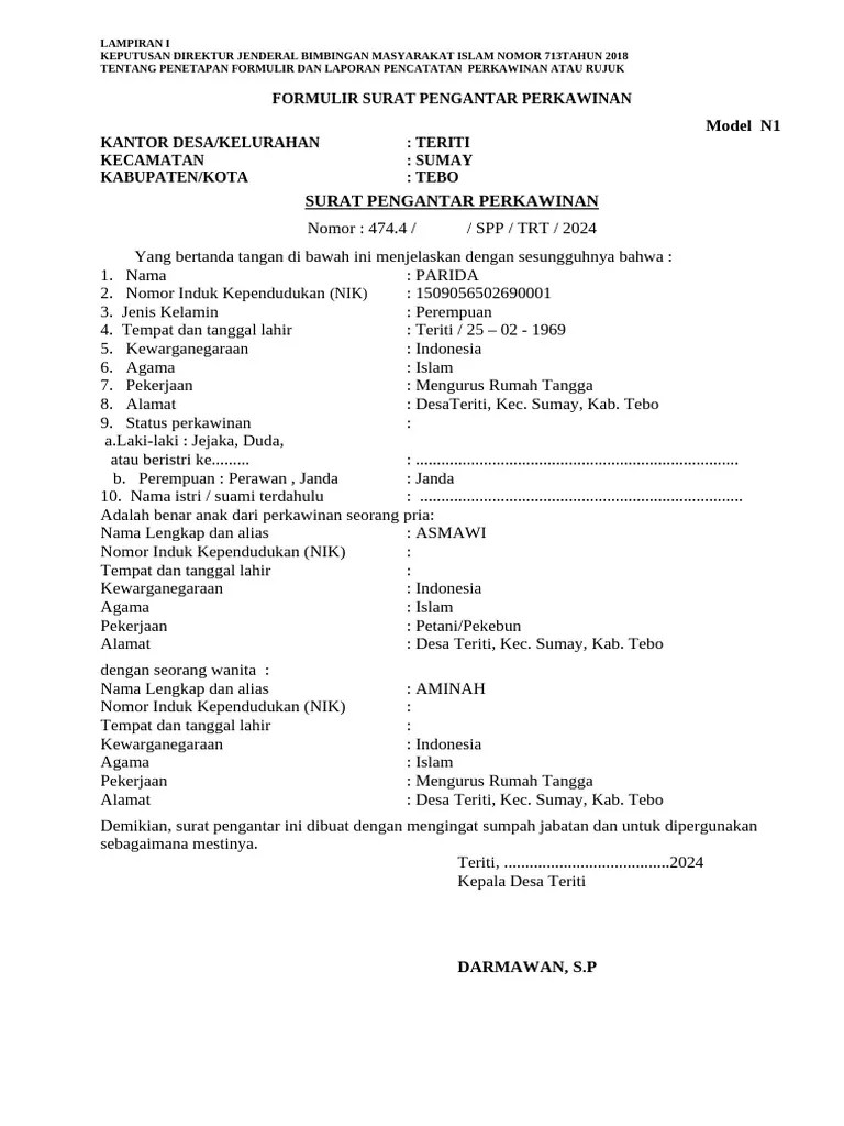 N1 Surat Pengantar Perkawinan | PDF