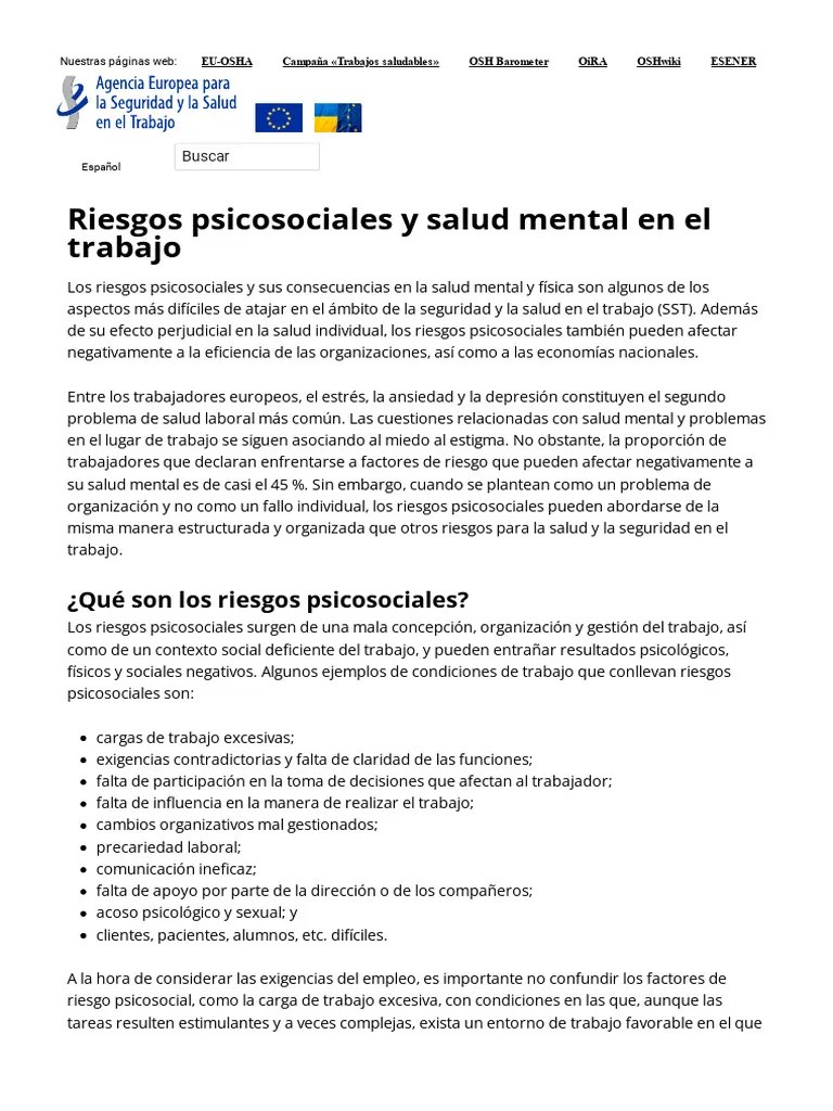 Riesgos Psicosociales Y Salud Mental En El Trabajo _ Safety And Health At Work EU-OSHA | PDF ...