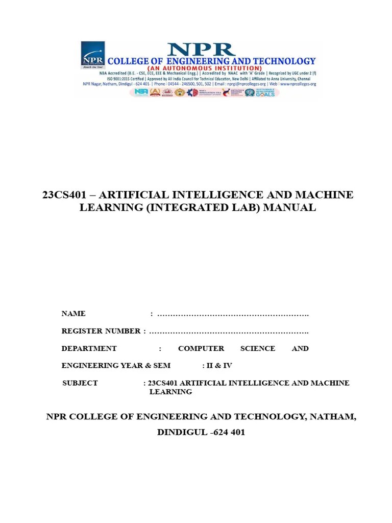 23CS401 Aiml Lab Manual PDF | PDF | Machine Learning | Vertex (Graph ...