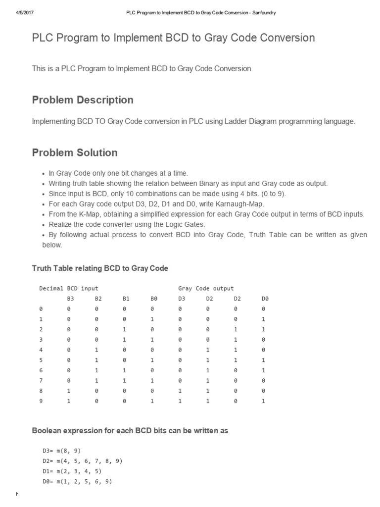 Plc Program To Implement Bcd To Gray Code Conversion Sanfoundry Pdf - 4K Sunset Images for Desktop
