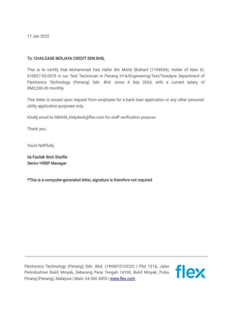 Employment Verification - Malaysia 2025-01-16 | PDF