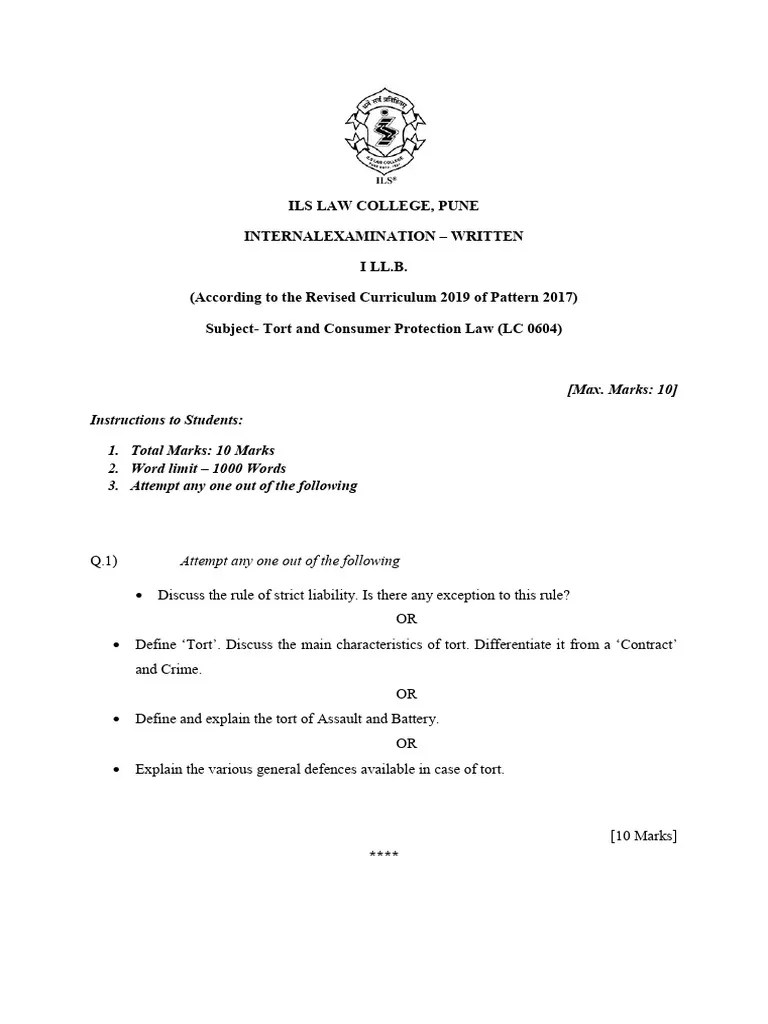Question Paper I LLB Tort Consumer Protection Act | PDF