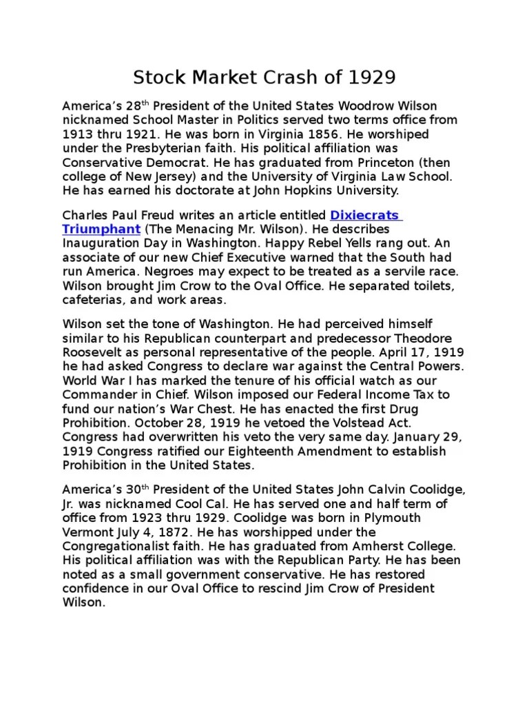 Stock Market Crash Of 1929 | PDF | Woodrow Wilson | Calvin Coolidge