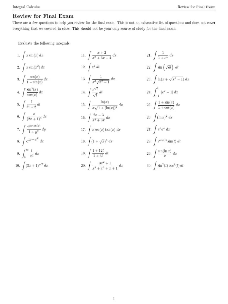 30 Integrals For Final Exam Review | PDF | Trigonometry | Functions And ...