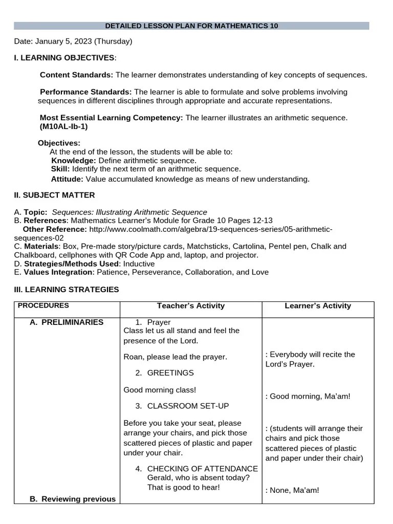 DETAILED LESSON PLAN FOR MATHEMATICS 10 ARITHMETIC SEQUENCE FINAL | PDF | Learning | Lesson Plan