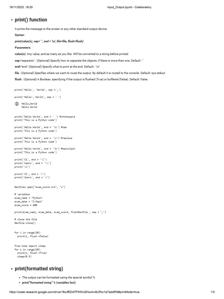 Input - Output - Ipynb - Colaboratory | PDF | String (Computer Science ...